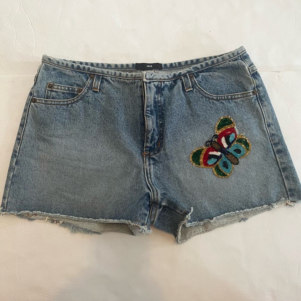 Oboe Women's Preshrunk 100% Cotton Denim Shorts with Butterfly Patch Size Large‎